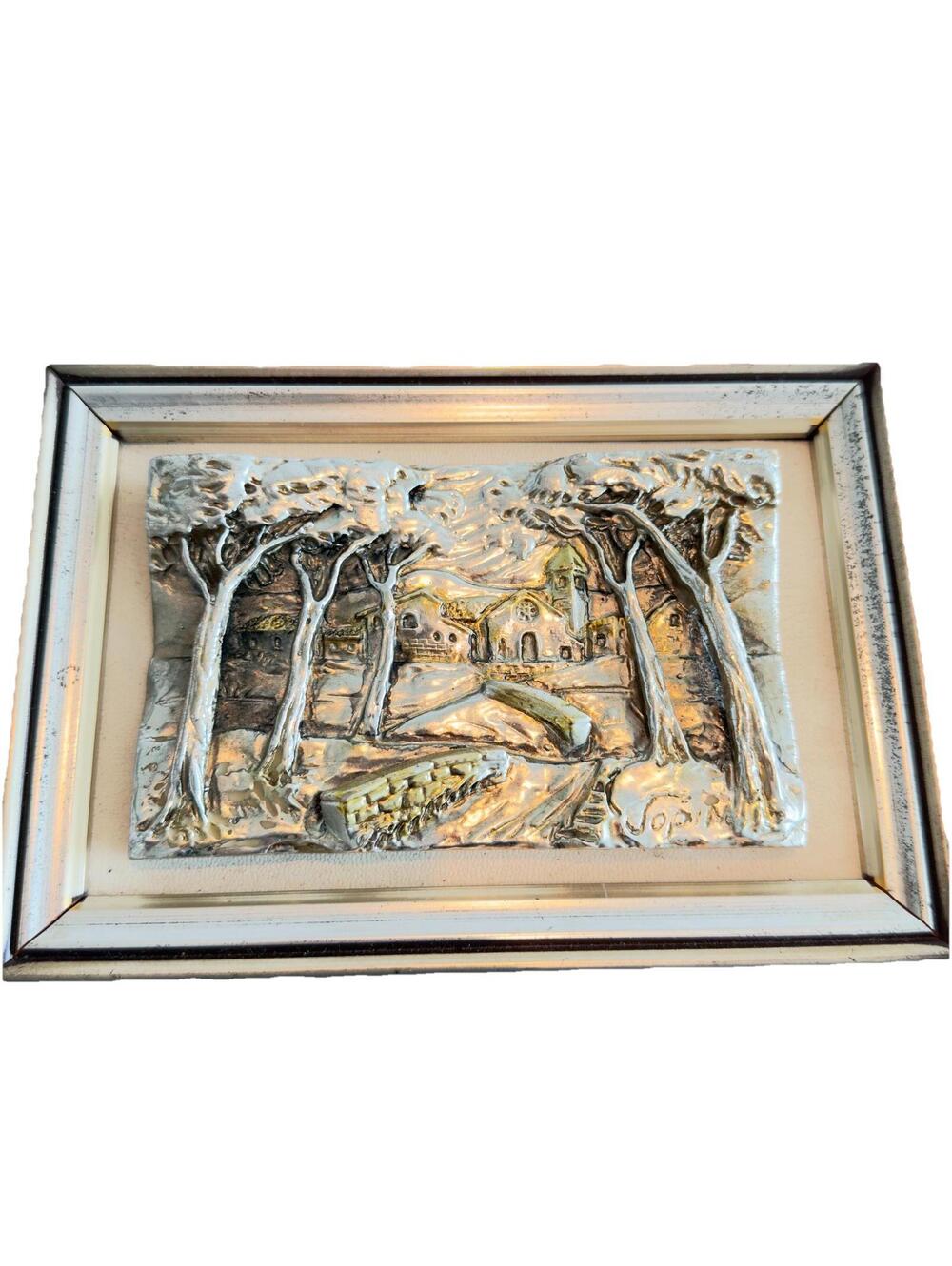 Sterling Silver Vintage Italian 800 3D Artwork Relief Countryside Church Metal
